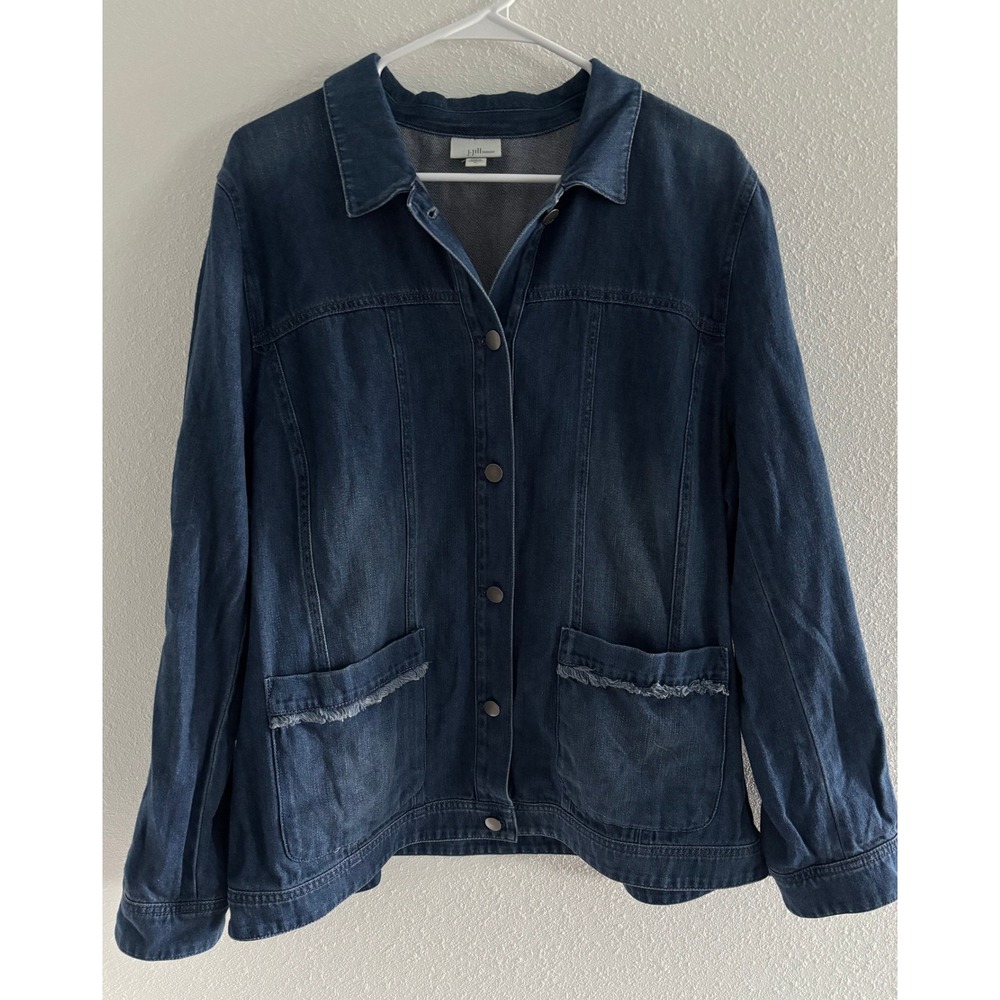 J. Jill Denim Jacket Womens XL Blue Raw Hem Dark Jean Preppy Gorpcore Outdoor